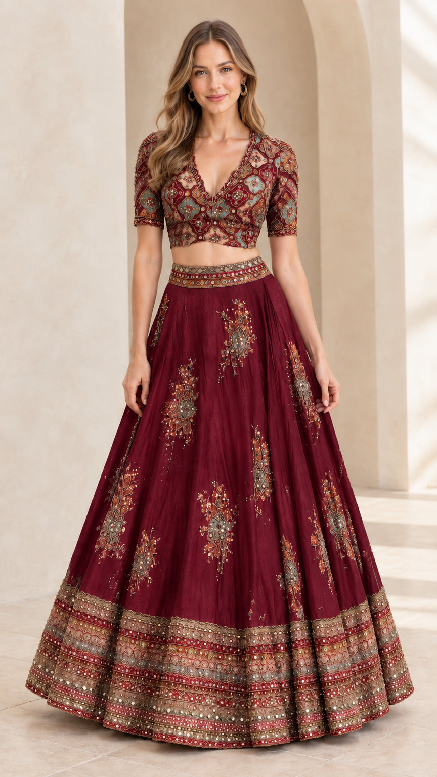 Woman wearing Wine Red embroidered crop top and matching flared maxi skirt