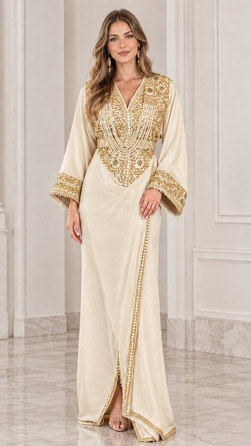 Front view of model wearing champagne cream kaftan maxi dress with gold embroidery