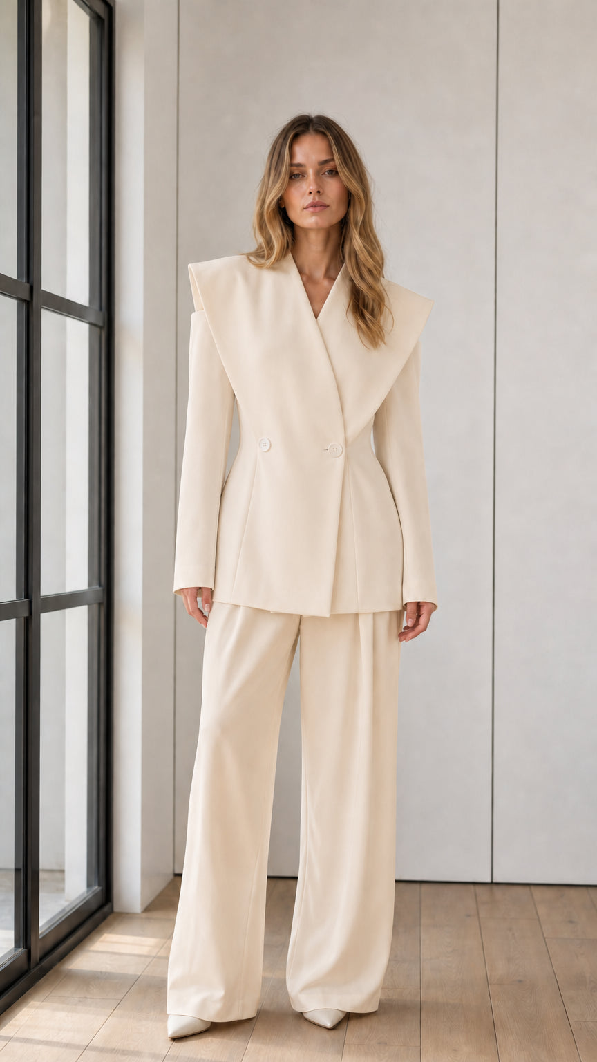 Full-length front view of model in champagne cream wide lapel tailored pantsuit set