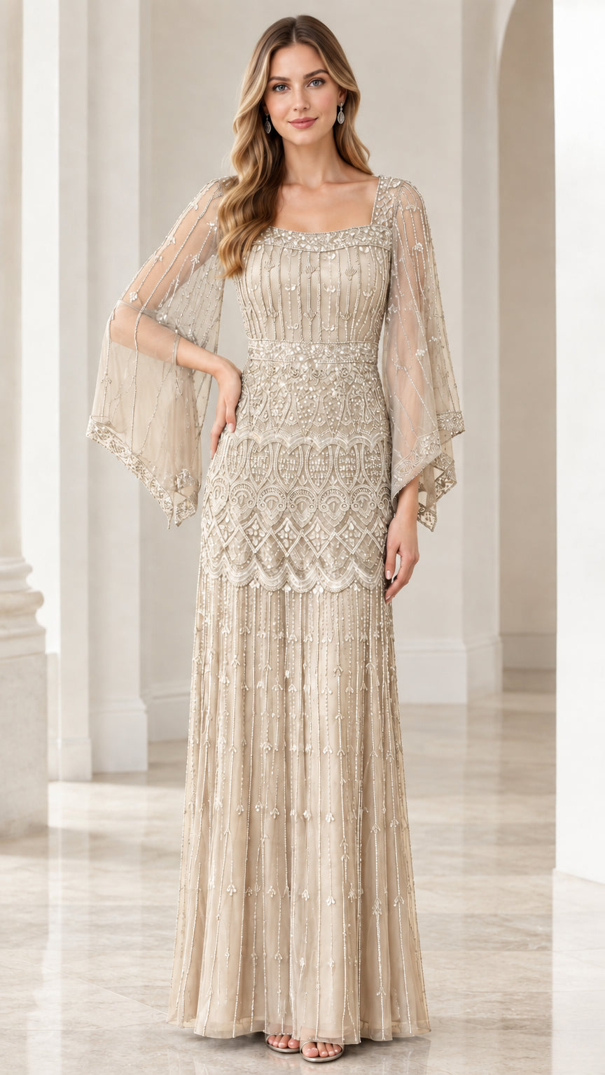 Champagne gold embellished flutter sleeve evening gown