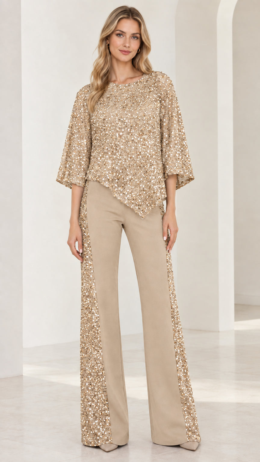 Front view of champagne gold sequined top and wide leg formal trouser set