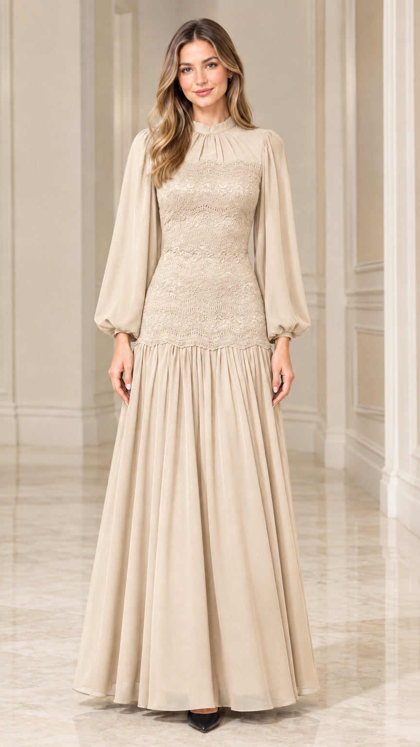 Champagne long sleeve lace bodice mock neck chiffon maxi dress