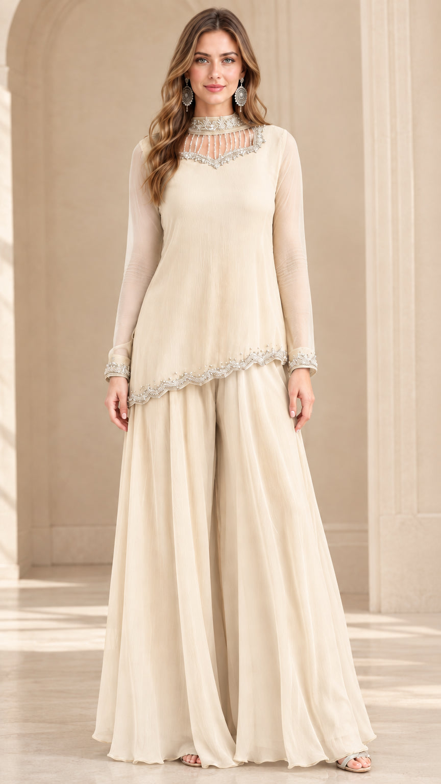 Champagne beige sheer sleeve chiffon pant suit for formal events