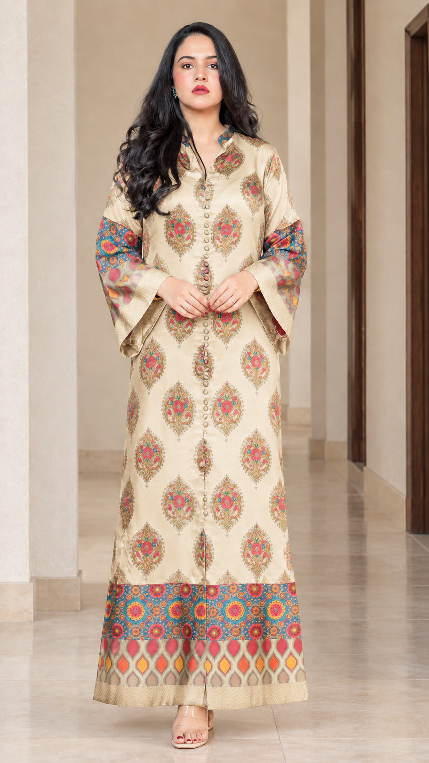 Front full-length view of beige ethnic print maxi kaftan dress