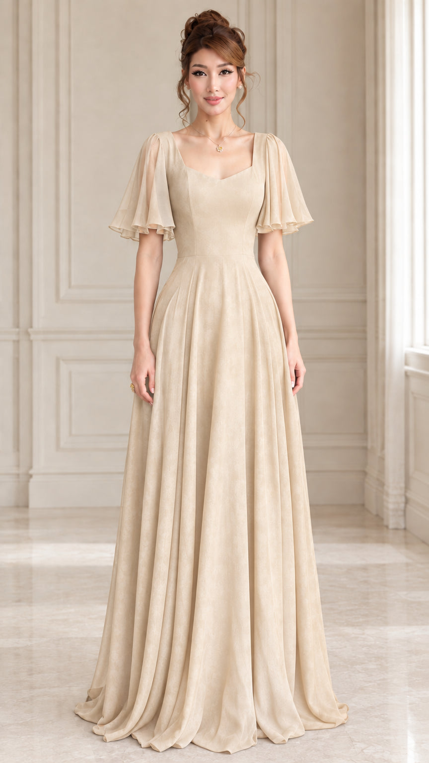 Champagne flutter sleeve pleated chiffon formal maxi dress