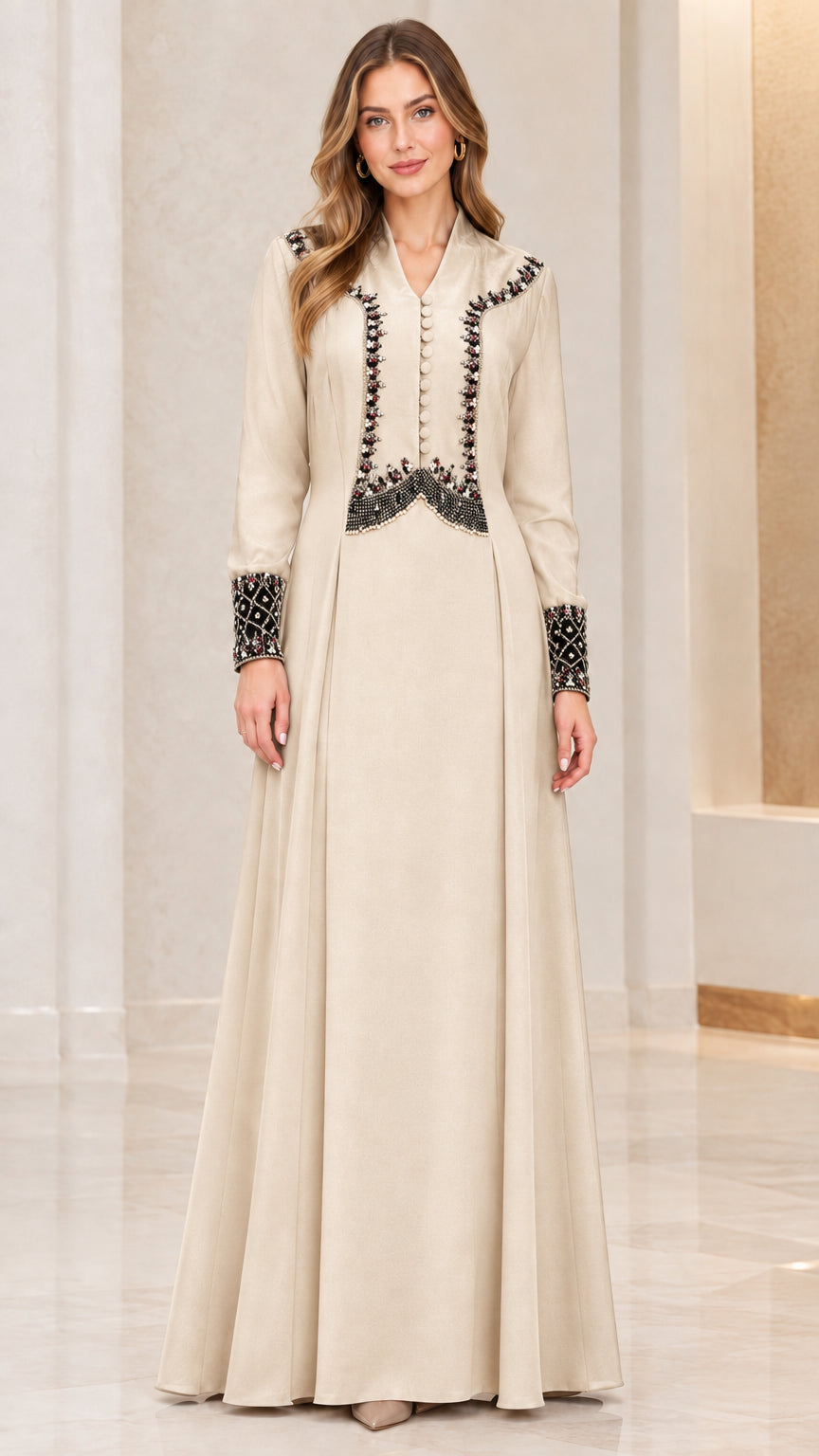 Champagne beige long sleeve beaded velvet trim maxi dress