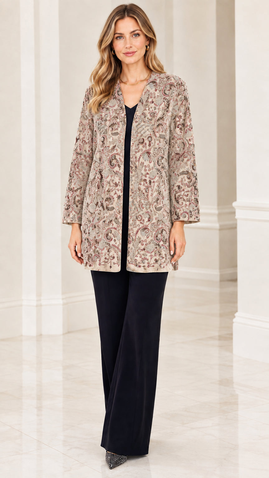 Champagne beige paisley velvet evening jacket on model