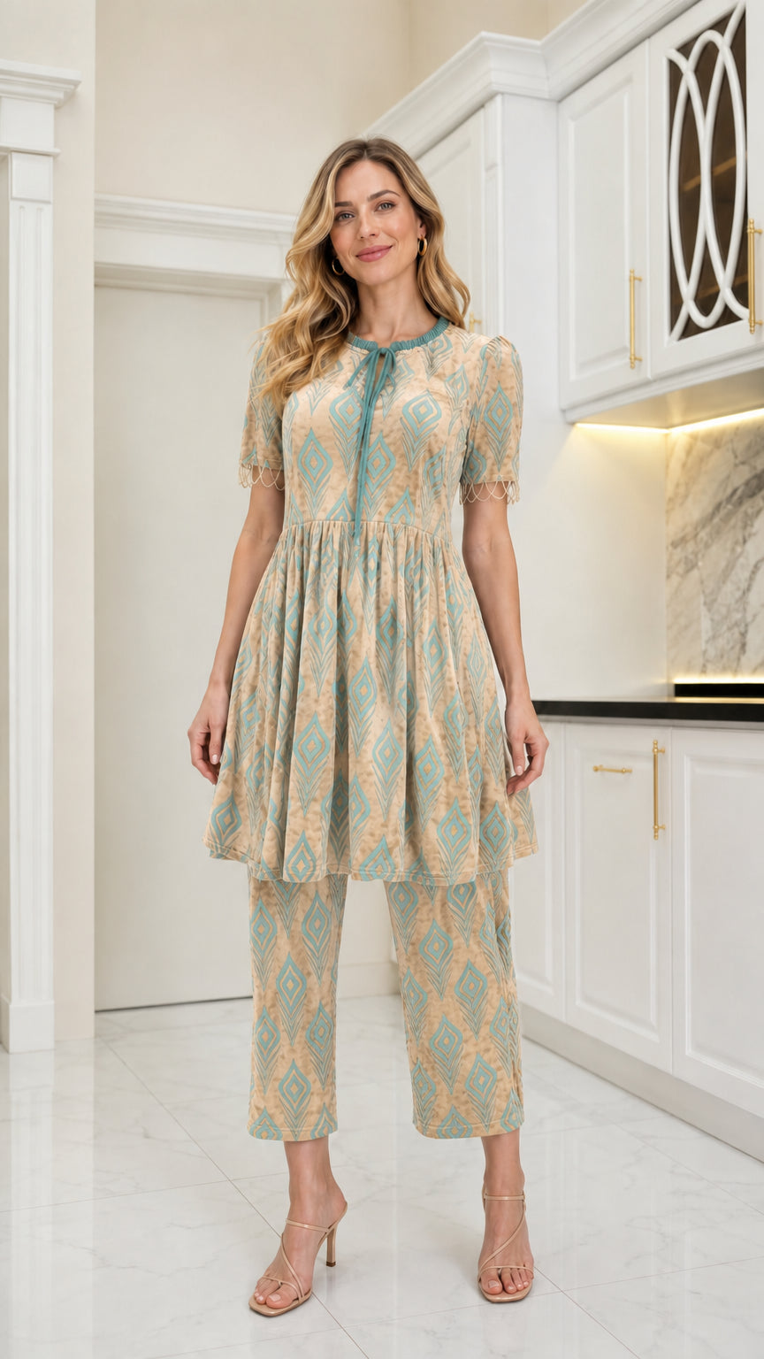 Front view of model wearing Beige geometric velvet babydoll tunic and pant set