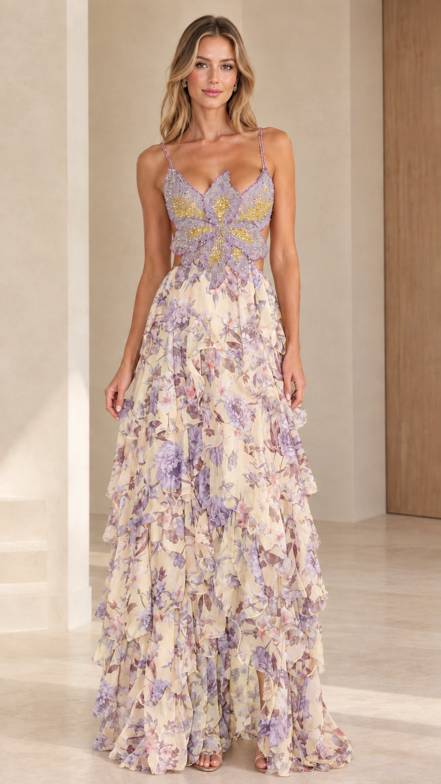 Front view of model wearing ivory cream floral butterfly beaded tiered maxi dress