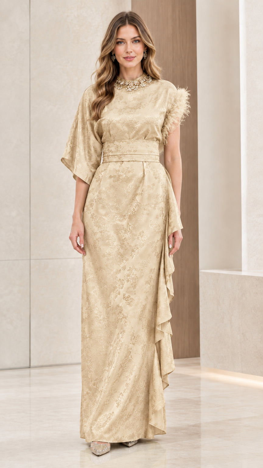 Champagne gold floral jacquard formal maxi dress