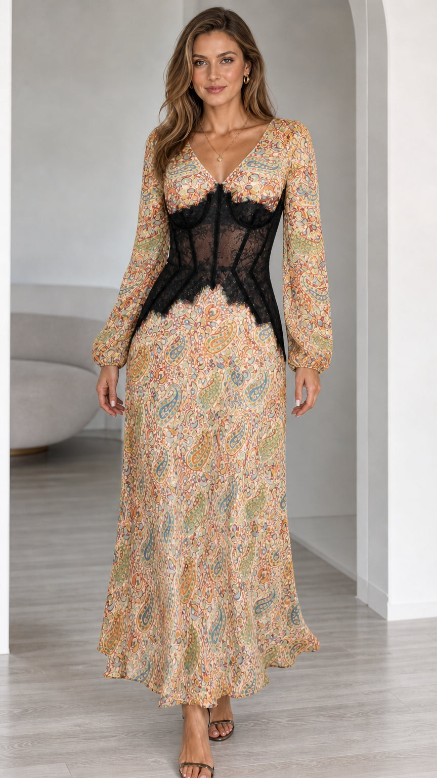 Front view of model in Beige Multi paisley long sleeve maxi dress with lace waist