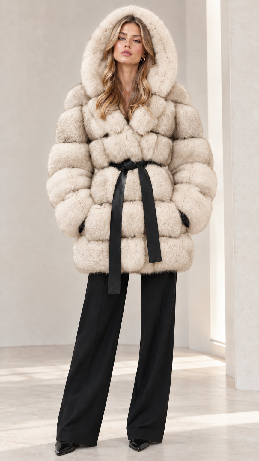 Full front view of Cream beige hooded plush faux fur coat with black belt