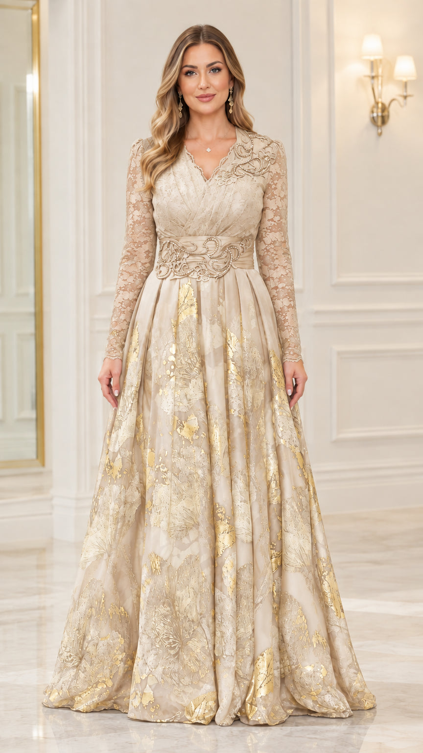 Front full-length view of champagne gold metallic floral evening gown