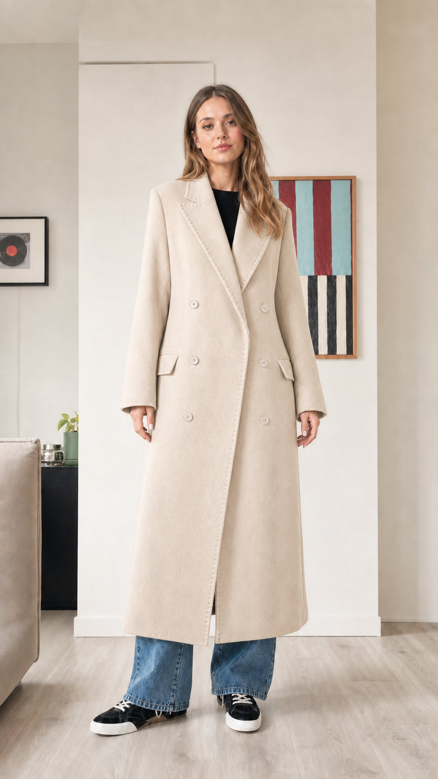 Front view of woman wearing elegant cream off-white longline overcoat