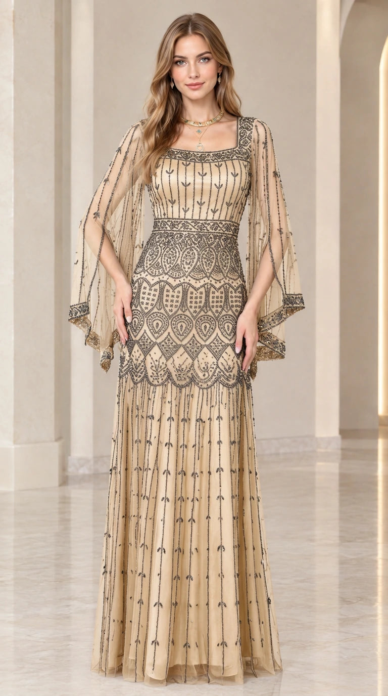Front view of model wearing champagne gold sequined evening gown with split bell sleeves