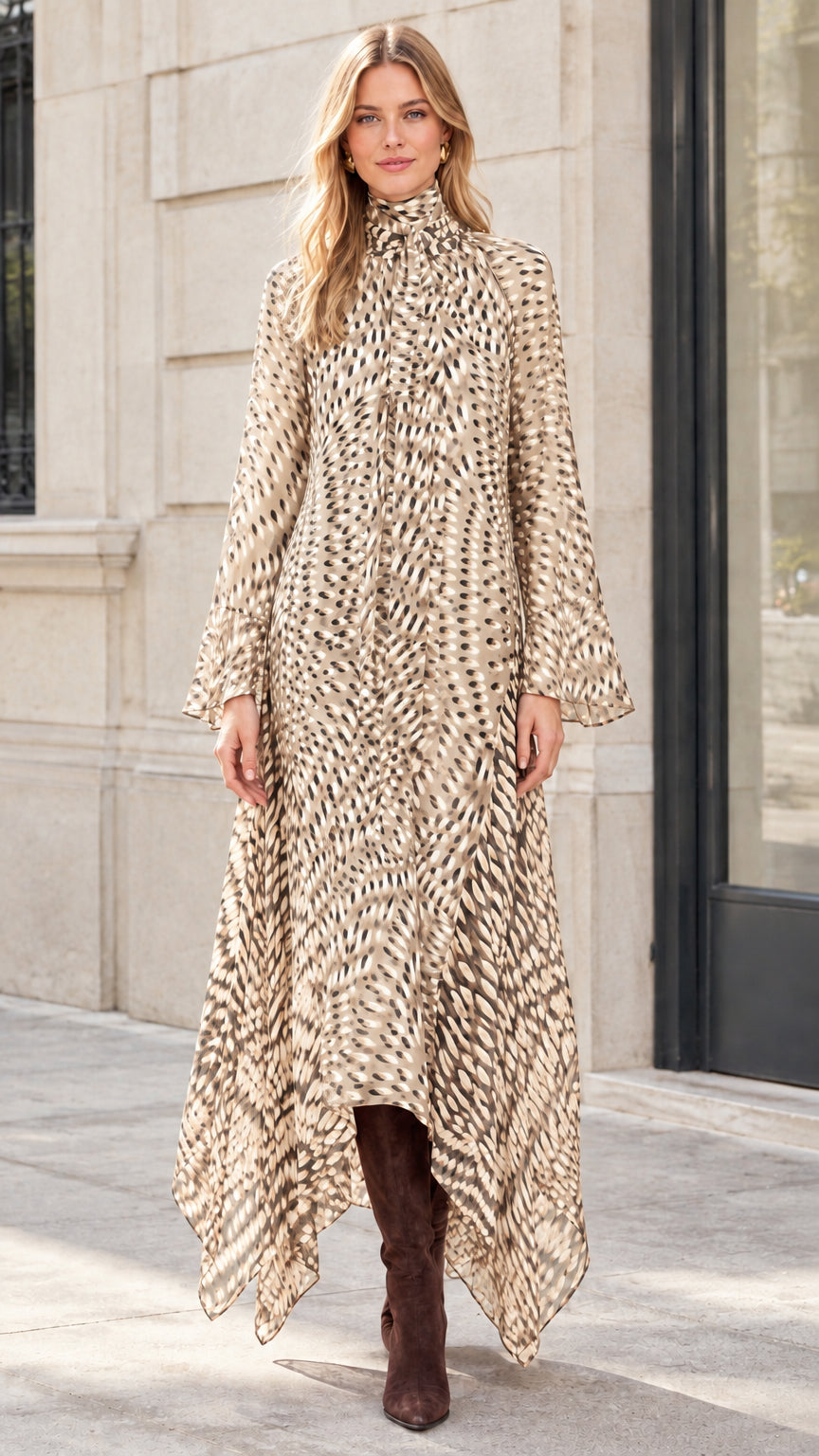 Model wearing Beige and cream printed flowing handkerchief hem maxi dress