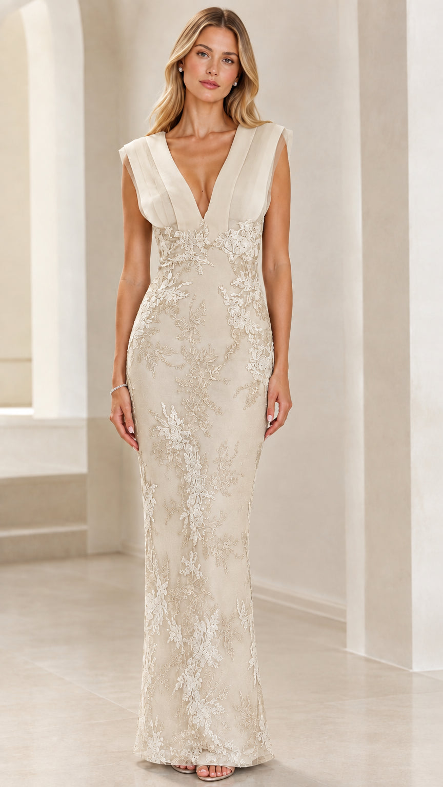 Model wearing champagne cream floral lace evening maxi dress