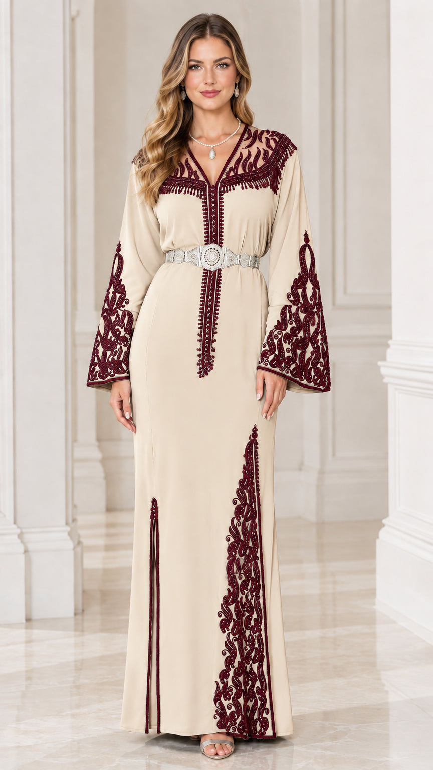 Cream and beige embroidered caftan maxi dress with contrast burgundy details