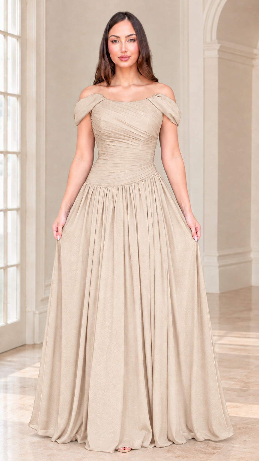 Front view of model wearing champagne neutral off-the-shoulder formal maxi dress