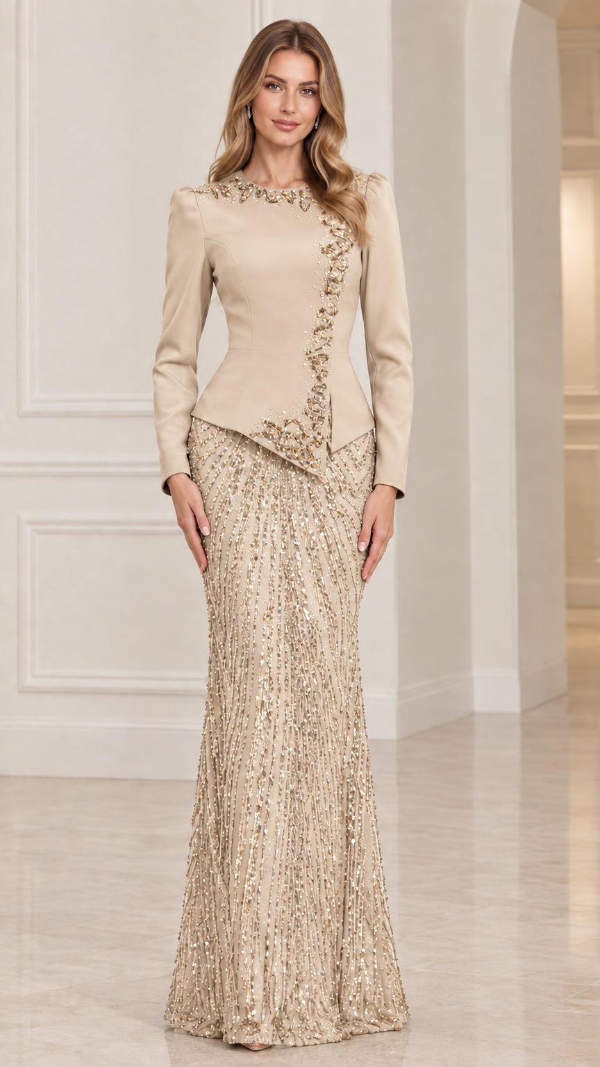 Champagne beige long sleeve embellished peplum evening gown
