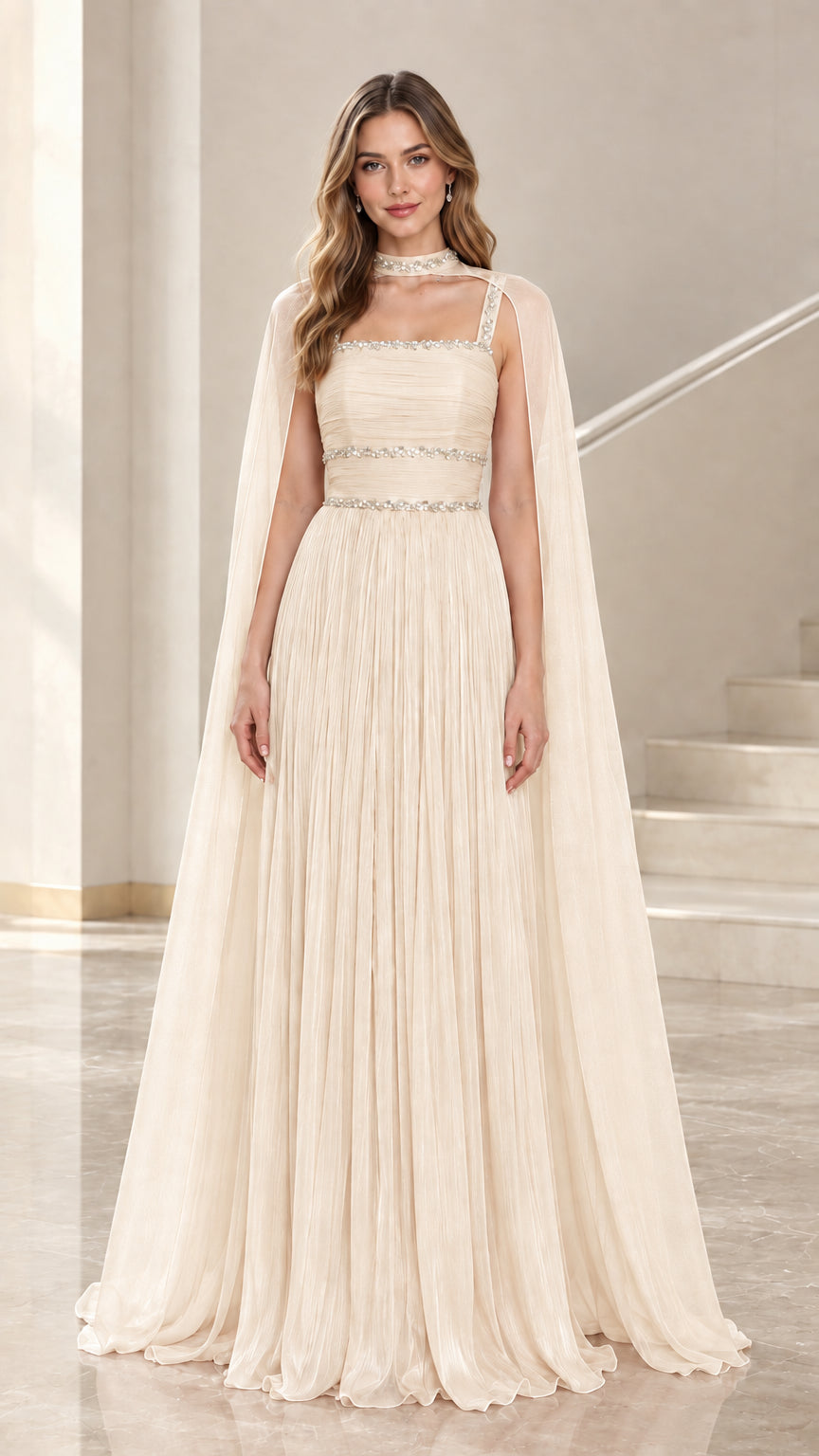 Champagne pleated chiffon floor-length evening dress with cape