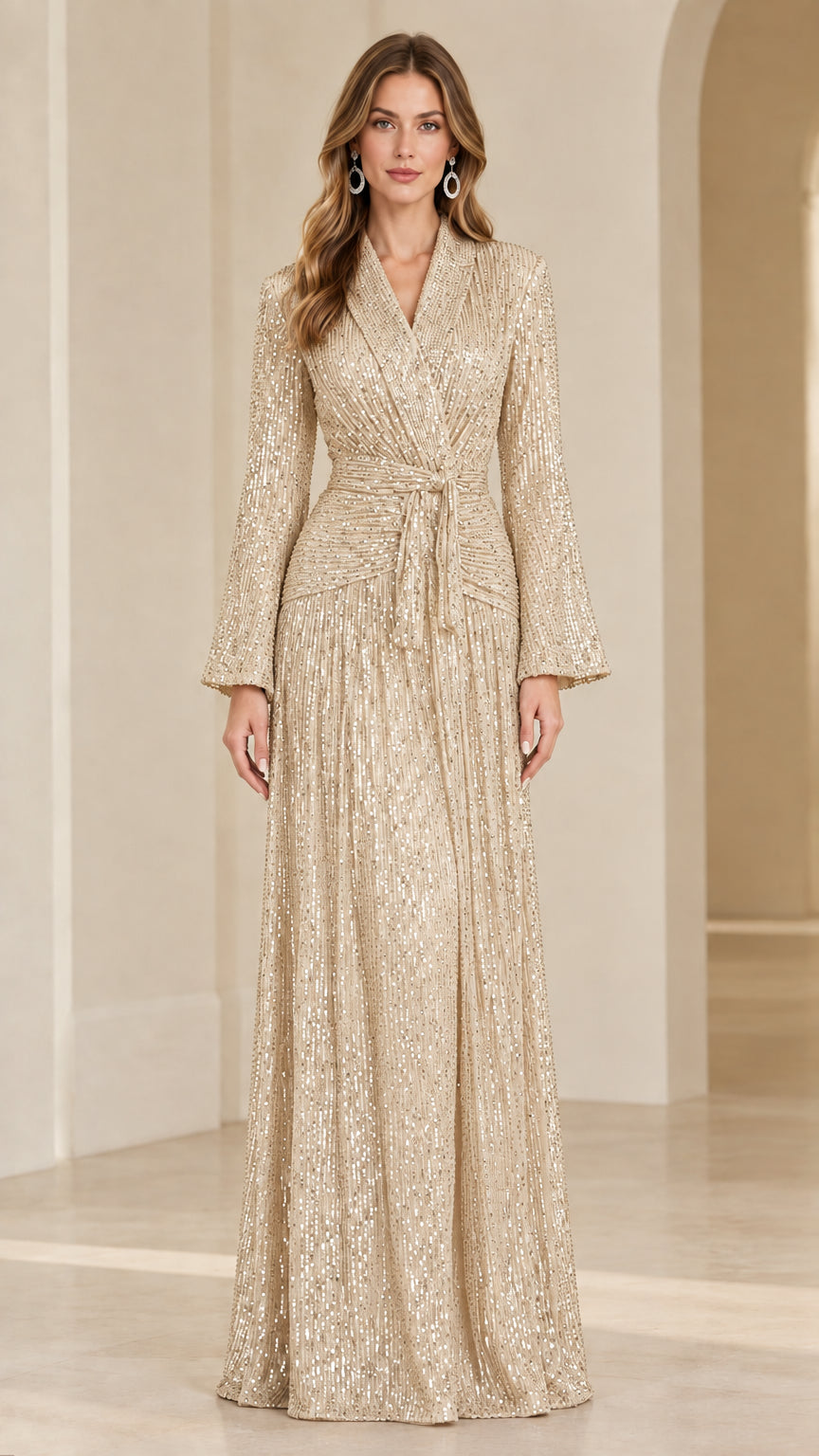 Model wearing shimmering champagne gold long-sleeve sequin evening dress
