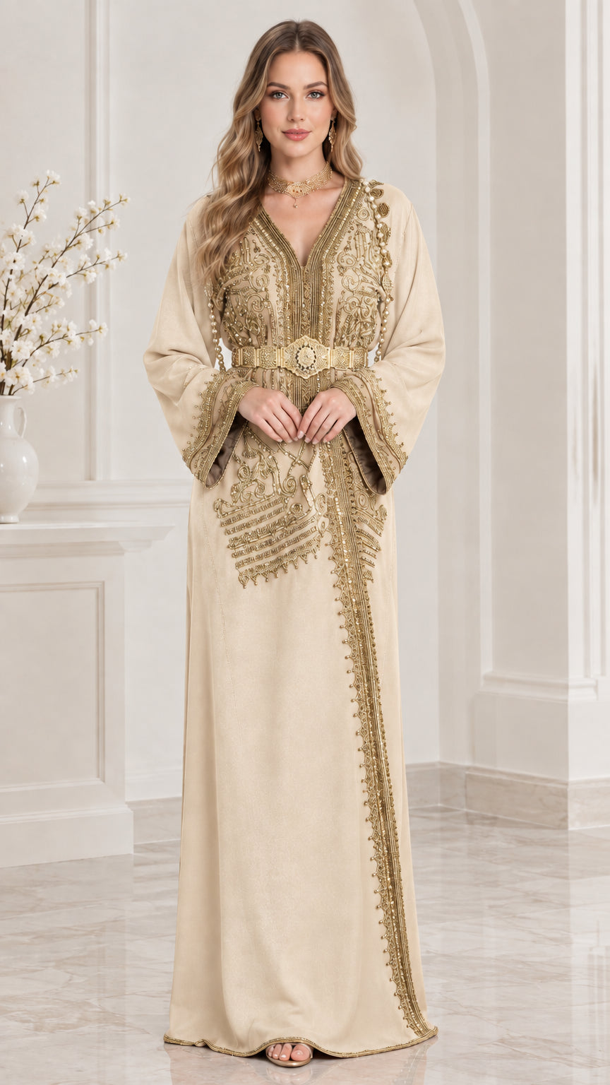 Cream embroidered Moroccan kaftan maxi dress with ornate gold belt