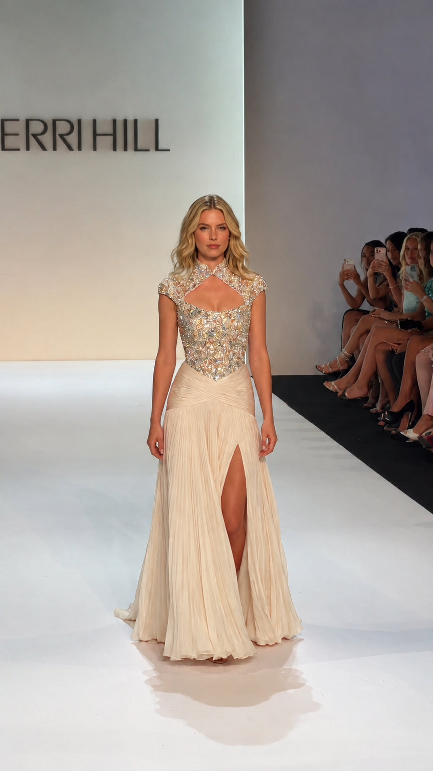 Full-length view of model wearing Champagne beaded high-neck evening gown with side slit