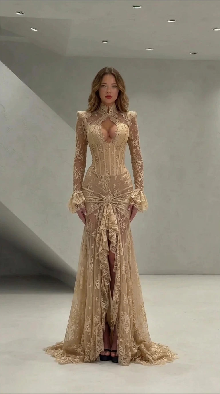 Front view of champagne gold lace long sleeve formal dress with train