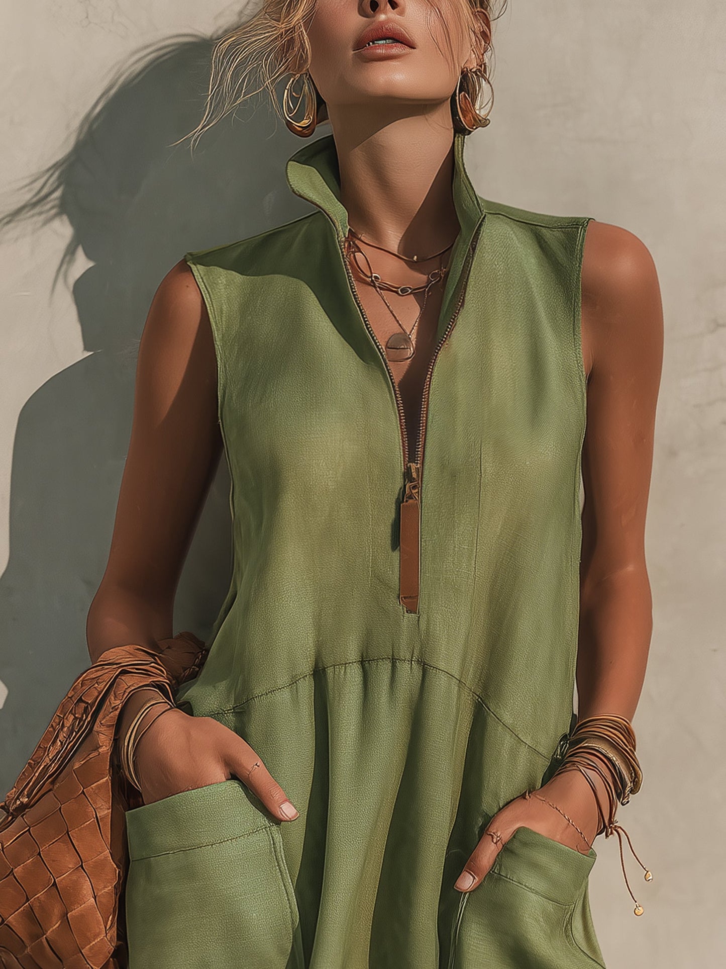 Olive Green Half Zip Linen Blend Mini Dress