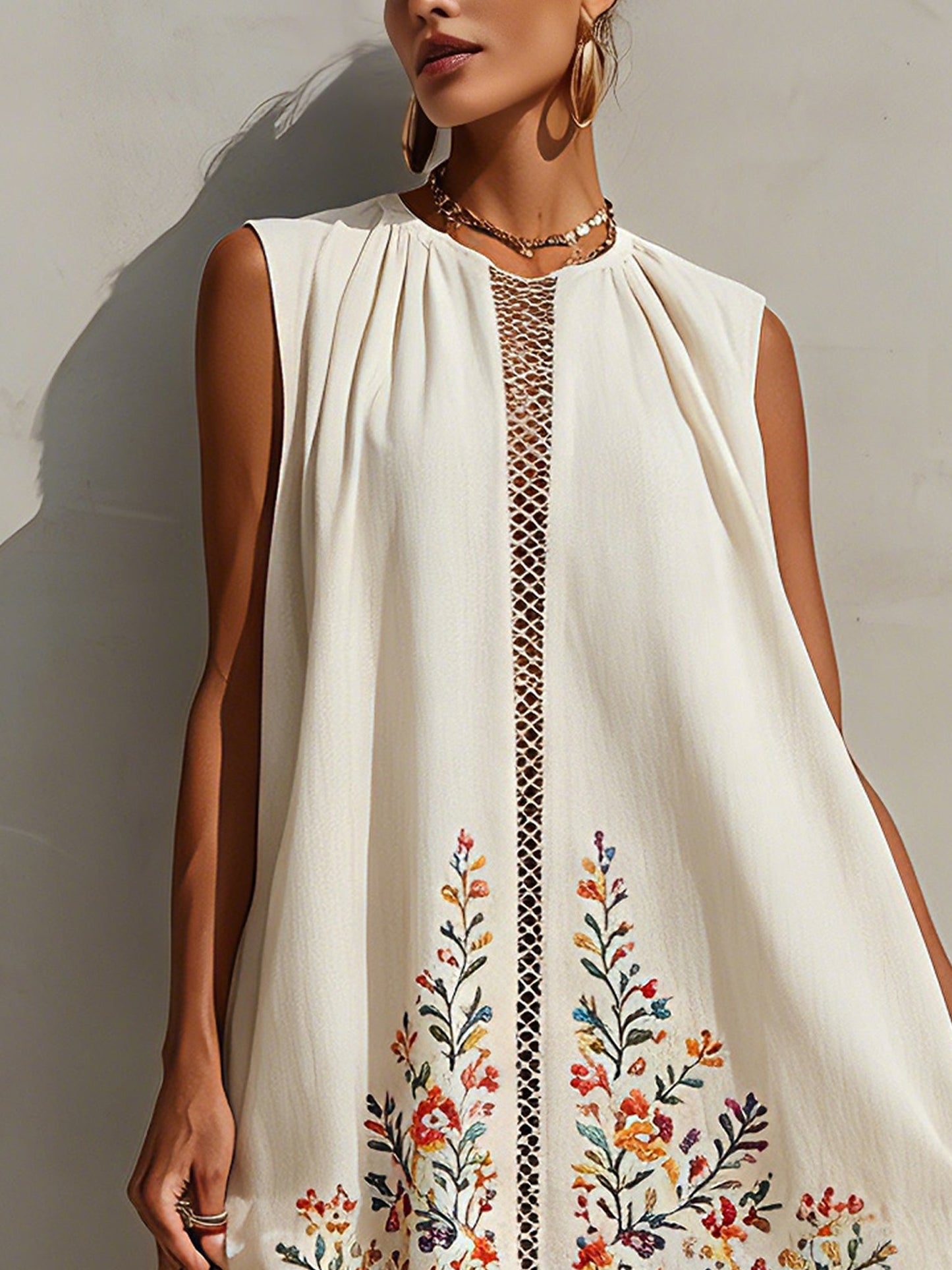 Ivory Sleeveless Embroidered Cotton Linen Mini Dress