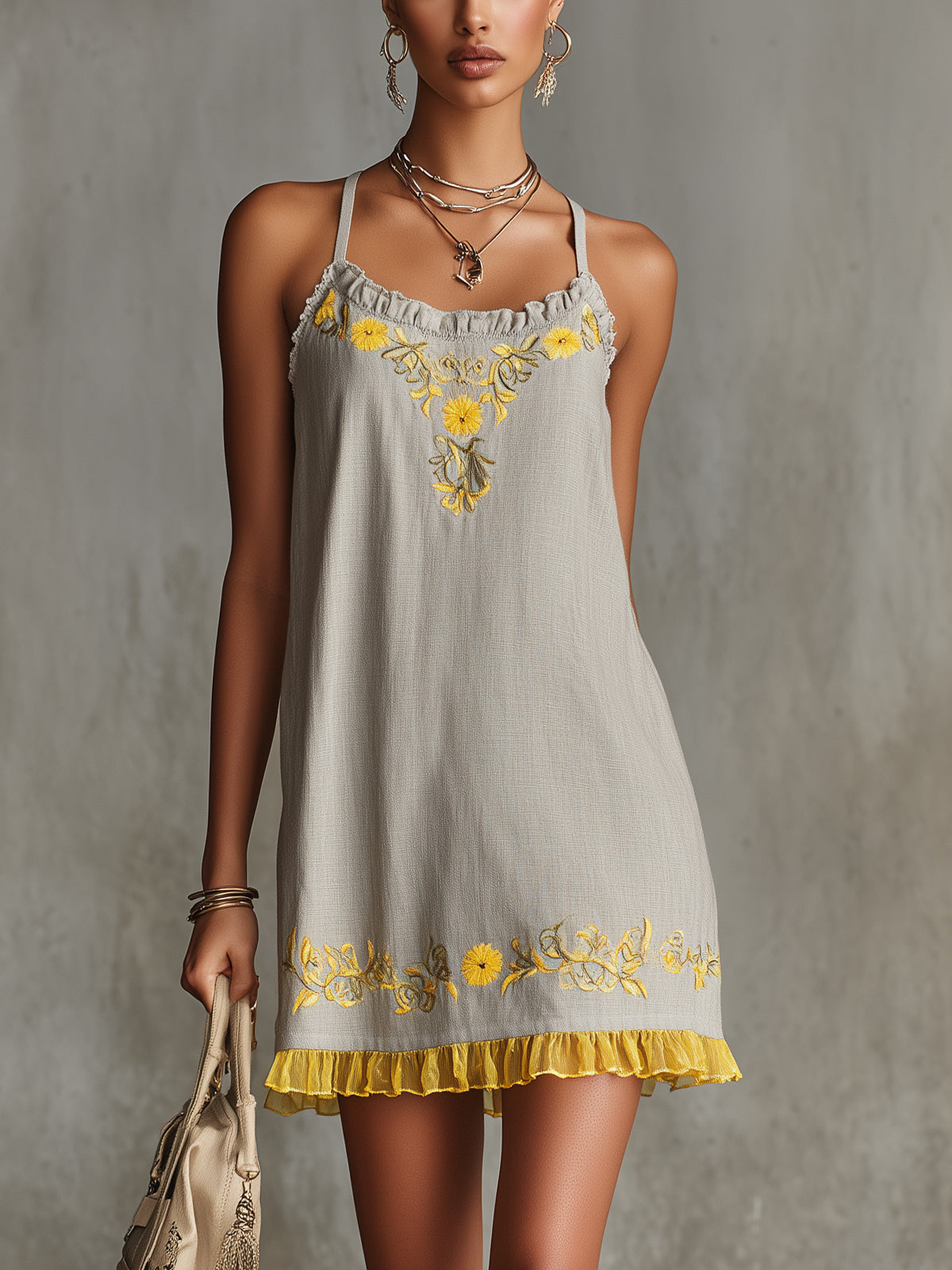 Gray Floral Embroidered Ruffle Hem Cami Dress