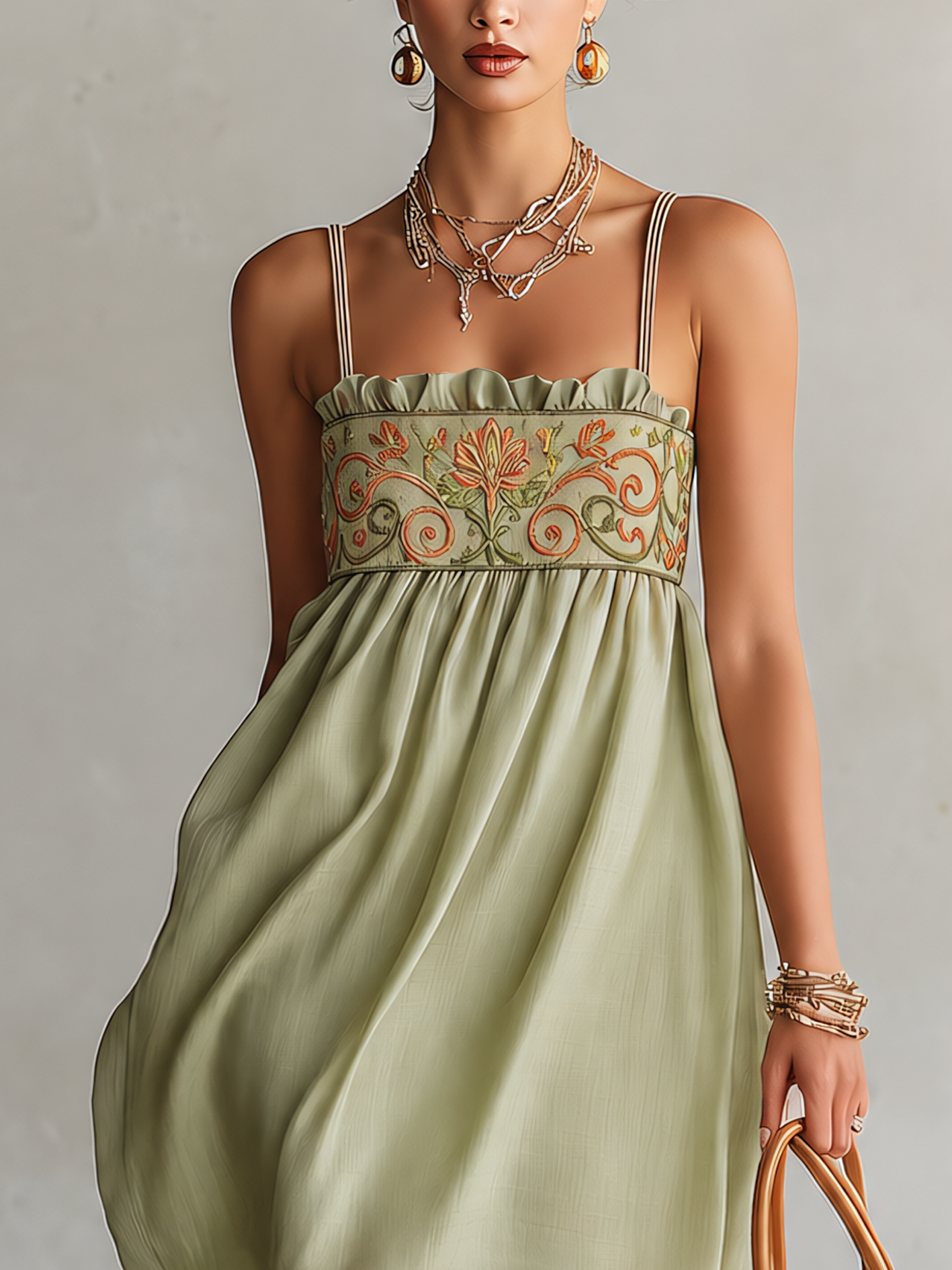 Light Green Embroidered Vintage Ruffle Spaghetti Strap Mini Dress