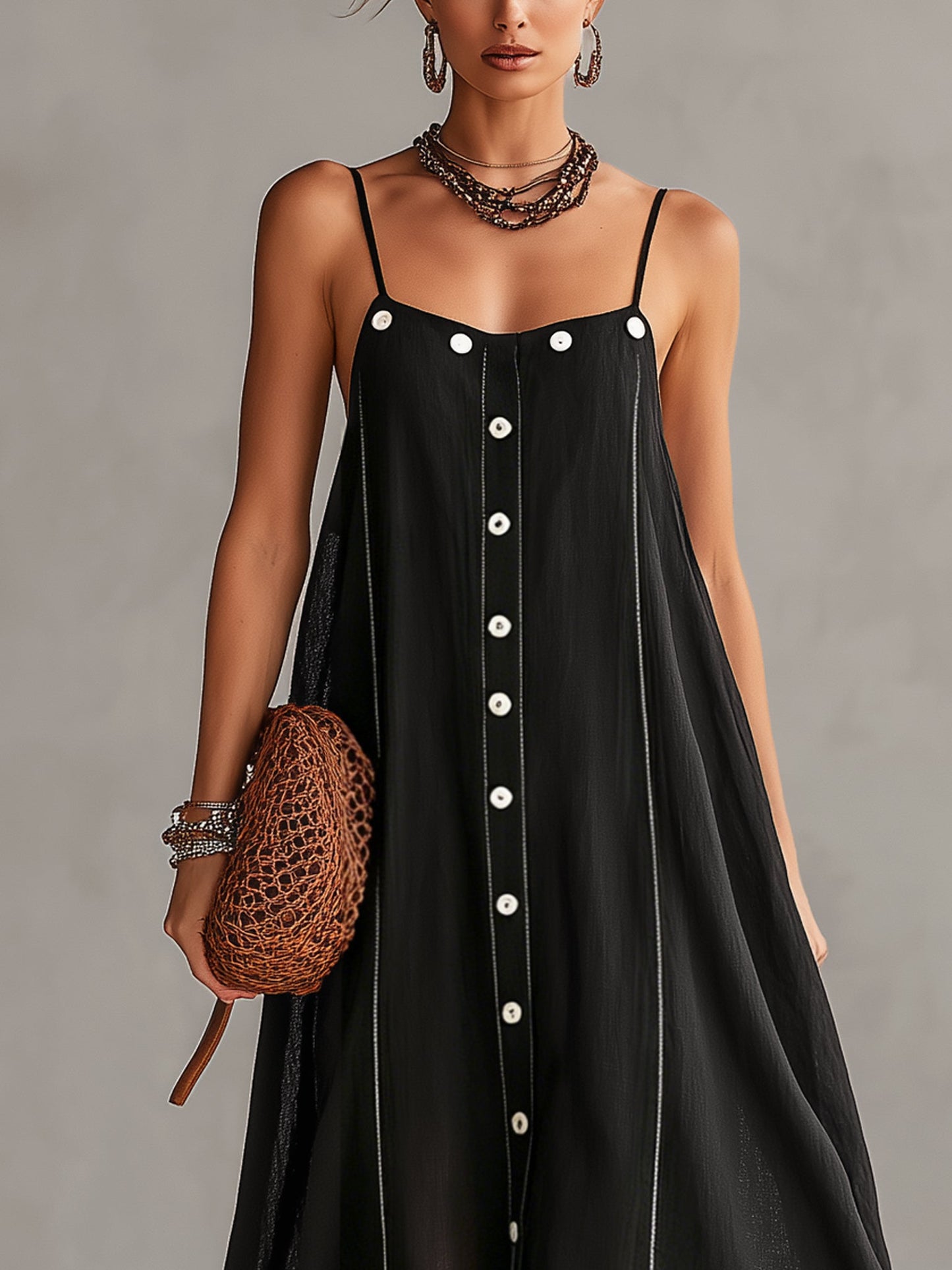 Black Sleeveless Embroidered Linen Maxi Dress