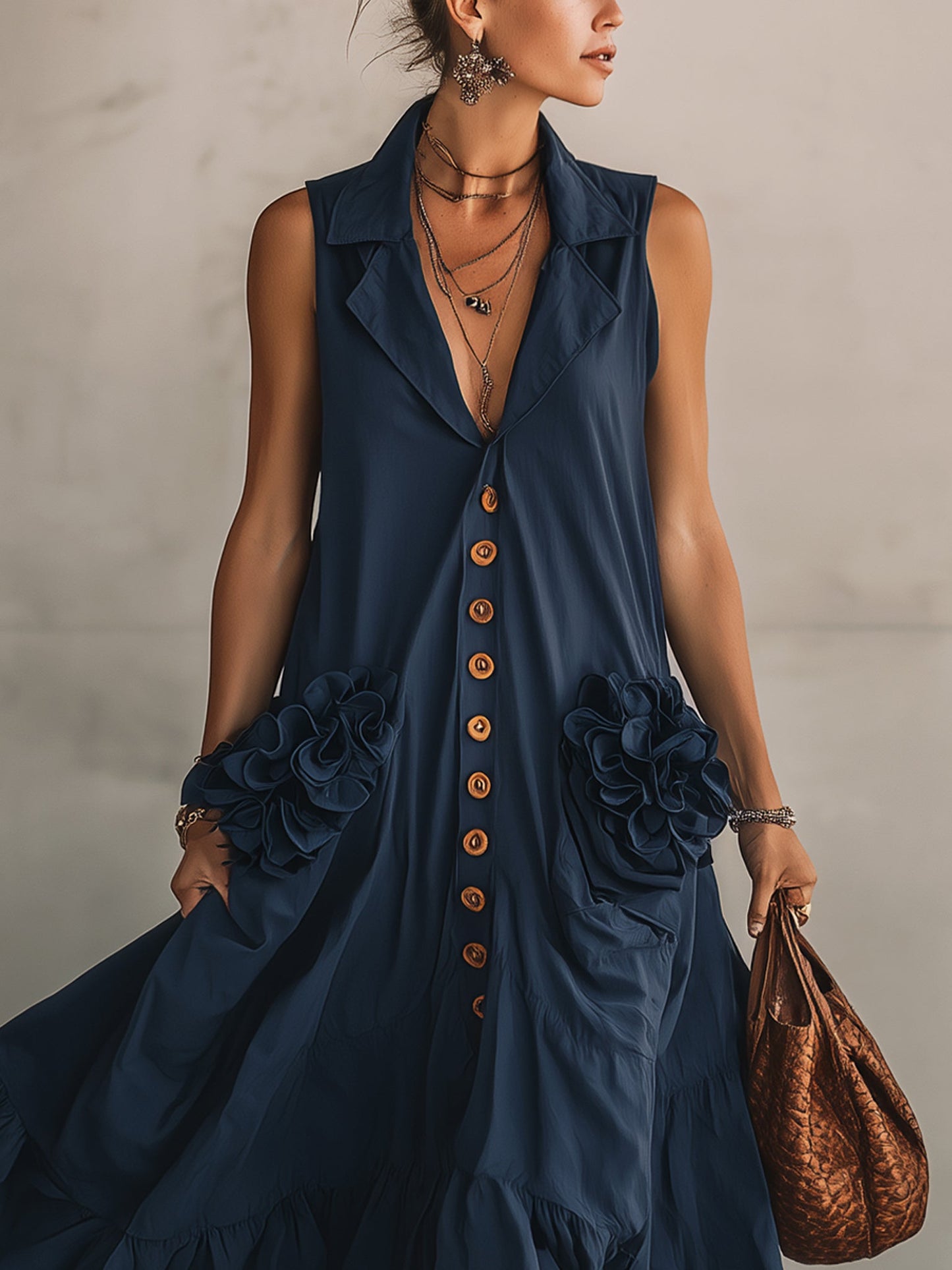 Navy Sleeveless Button Up Floral Maxi Dress