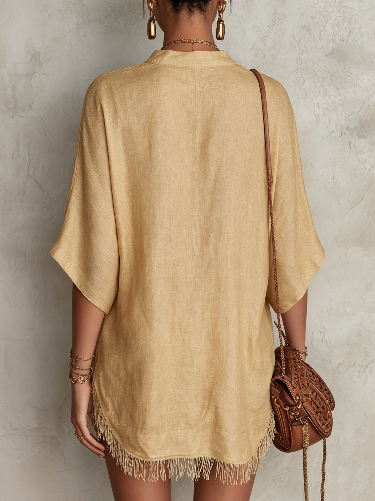Beige Embroidered V-Neck Mini Dress With Fringe Hem